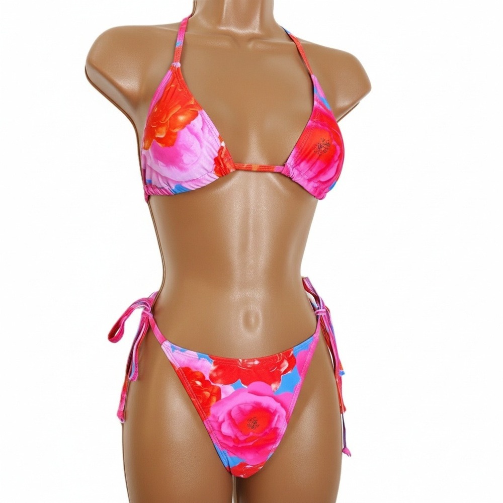 New Small Red Pink Adjustable Bikini Swimsuit Set Retro Triangle Padded Side Tie